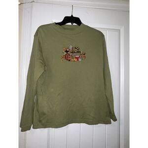 Mountain Lake women’s green mock neck fall embroidered autumn shirt cats medium